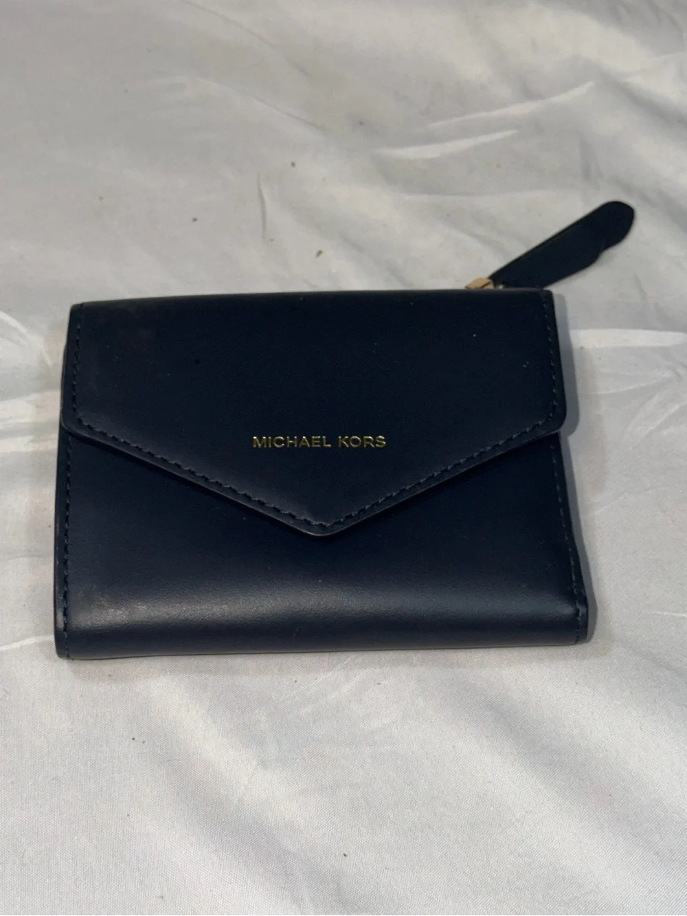 Michael Kors Small Blue Leather Envelope Wallet Gold Logo Compact Trifold Mini
